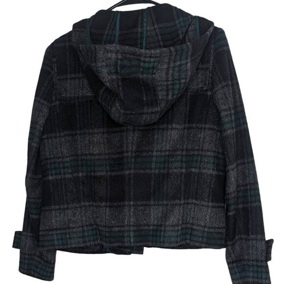 Hinge Wool Blend hooded jacket black green Tartan Plaid xsmall - Picture 2 of 13